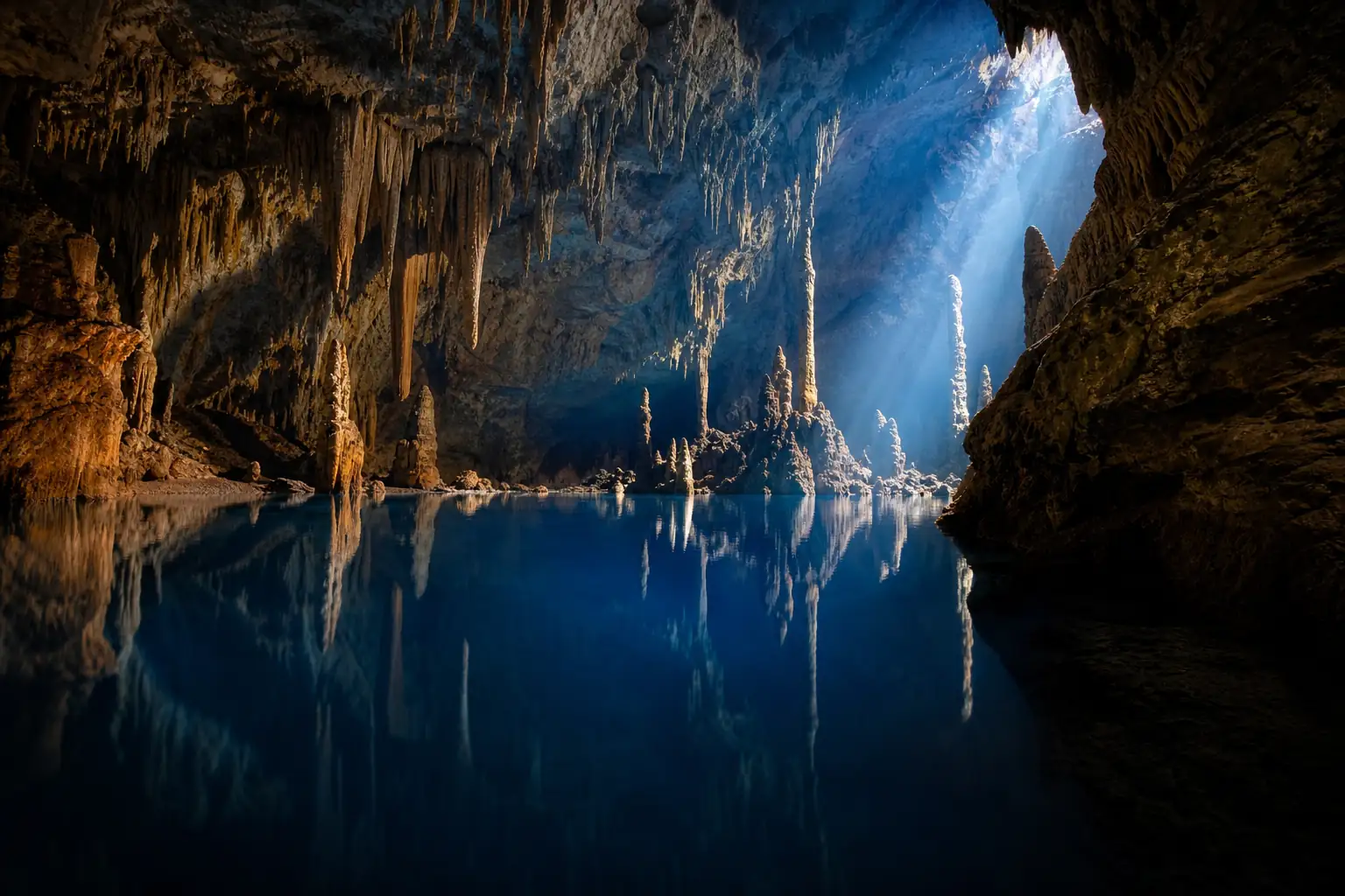 Interior de caverna calcária com lago azul luminoso e estalactites