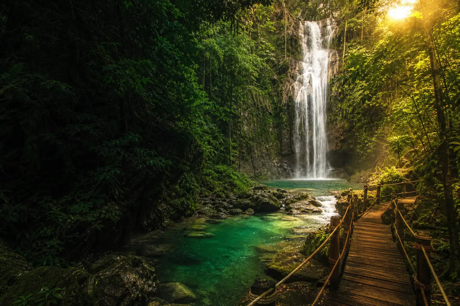 Cachoeira em meio à mata fechada com passarela suspensa de madeira