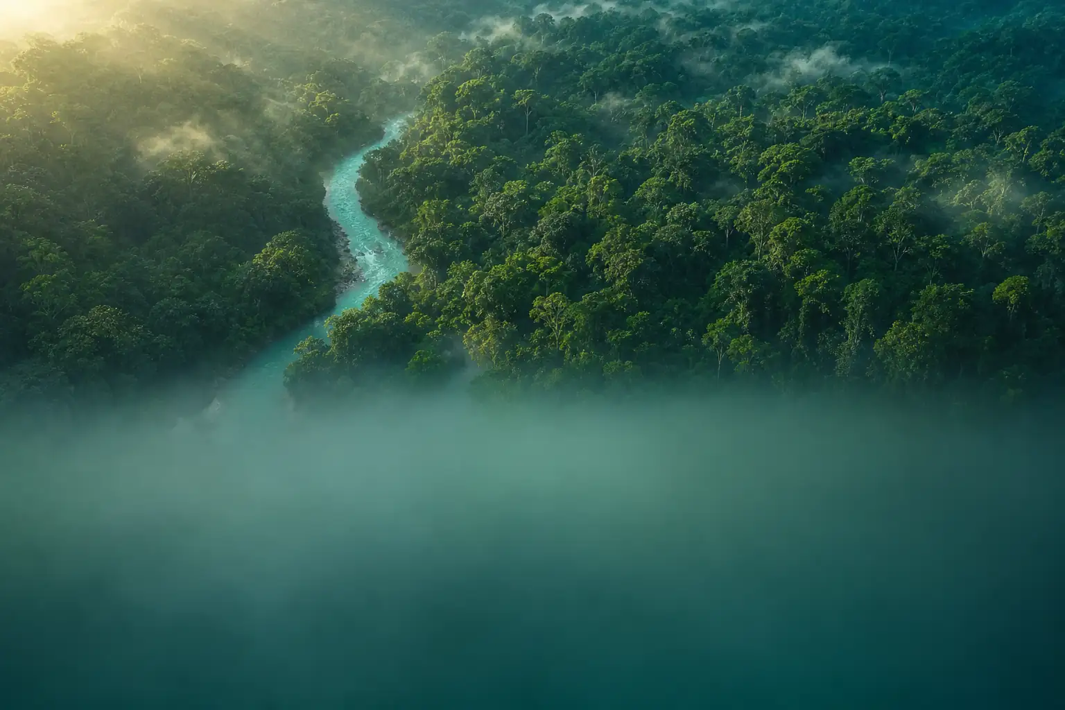 Vista aérea do dossel de floresta intocada com névoa ao amanhecer